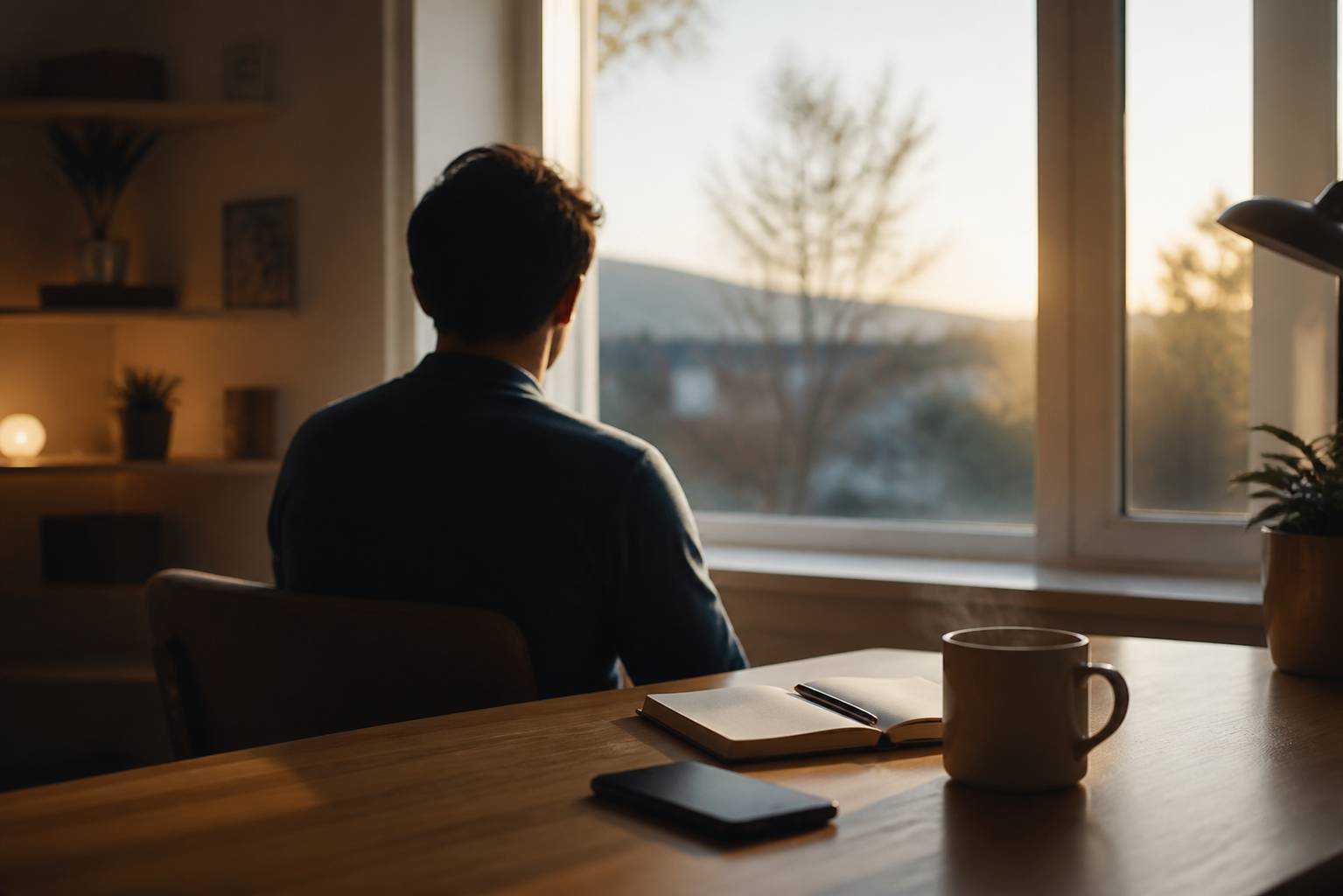Personne assise à son bureau au matin avec tasse de café, carnet ouvert et lumière douce de l'aube
