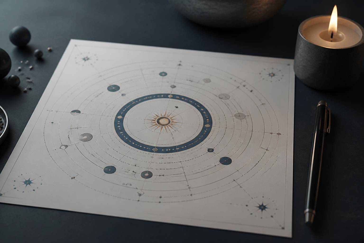 Carte du ciel au cercle zodiacal abstrait avec stylo et bougie allumée dans une lumière chaude