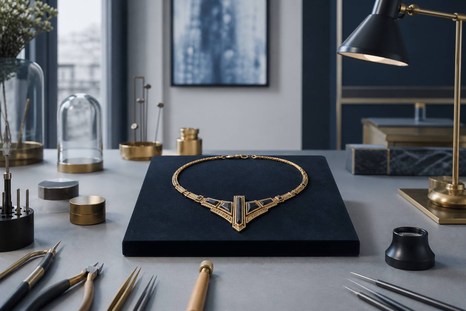 Collier Art Déco en laiton et pierres sur socle de velours