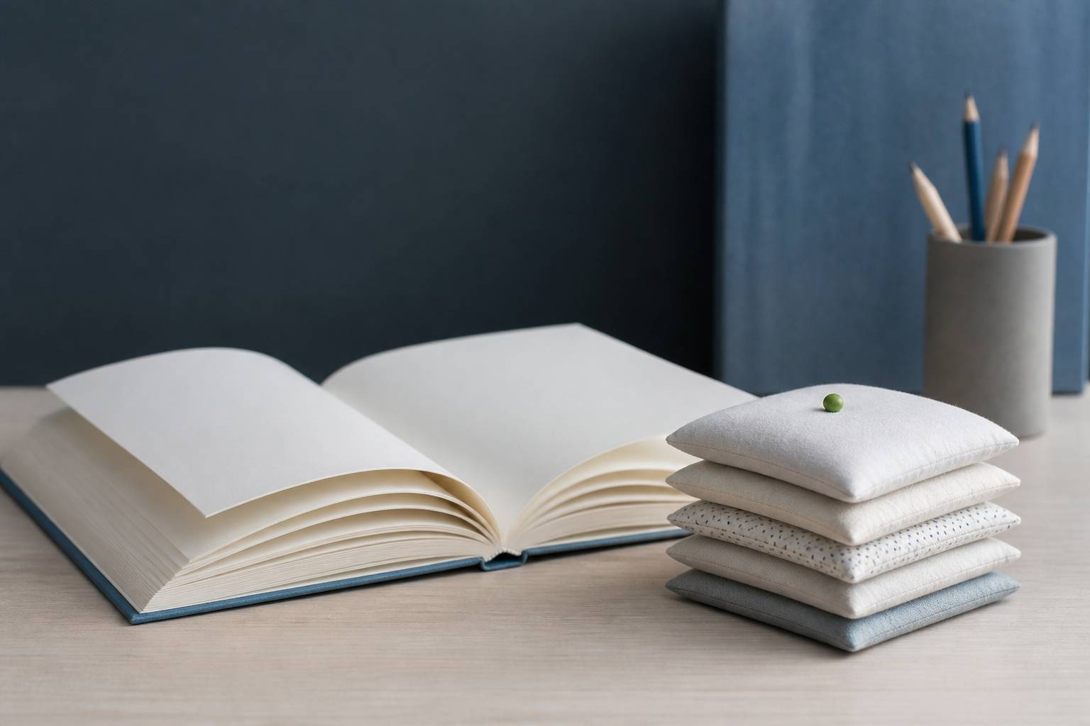 Livre de contes ouvert sur une table avec un empilement de matelas et un petit pois