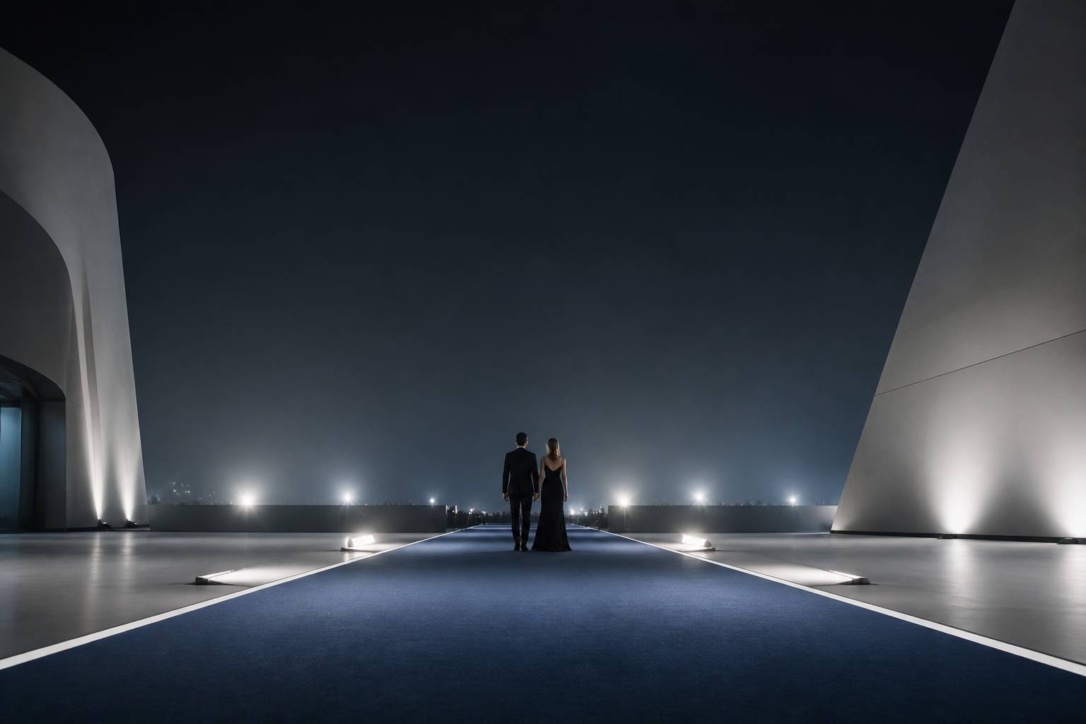 Deux silhouettes élégantes sur un tapis rouge filmé de loin