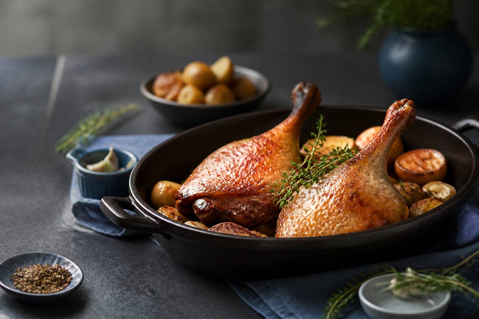 Cuisses de canard confites dorées dans un plat en fonte
