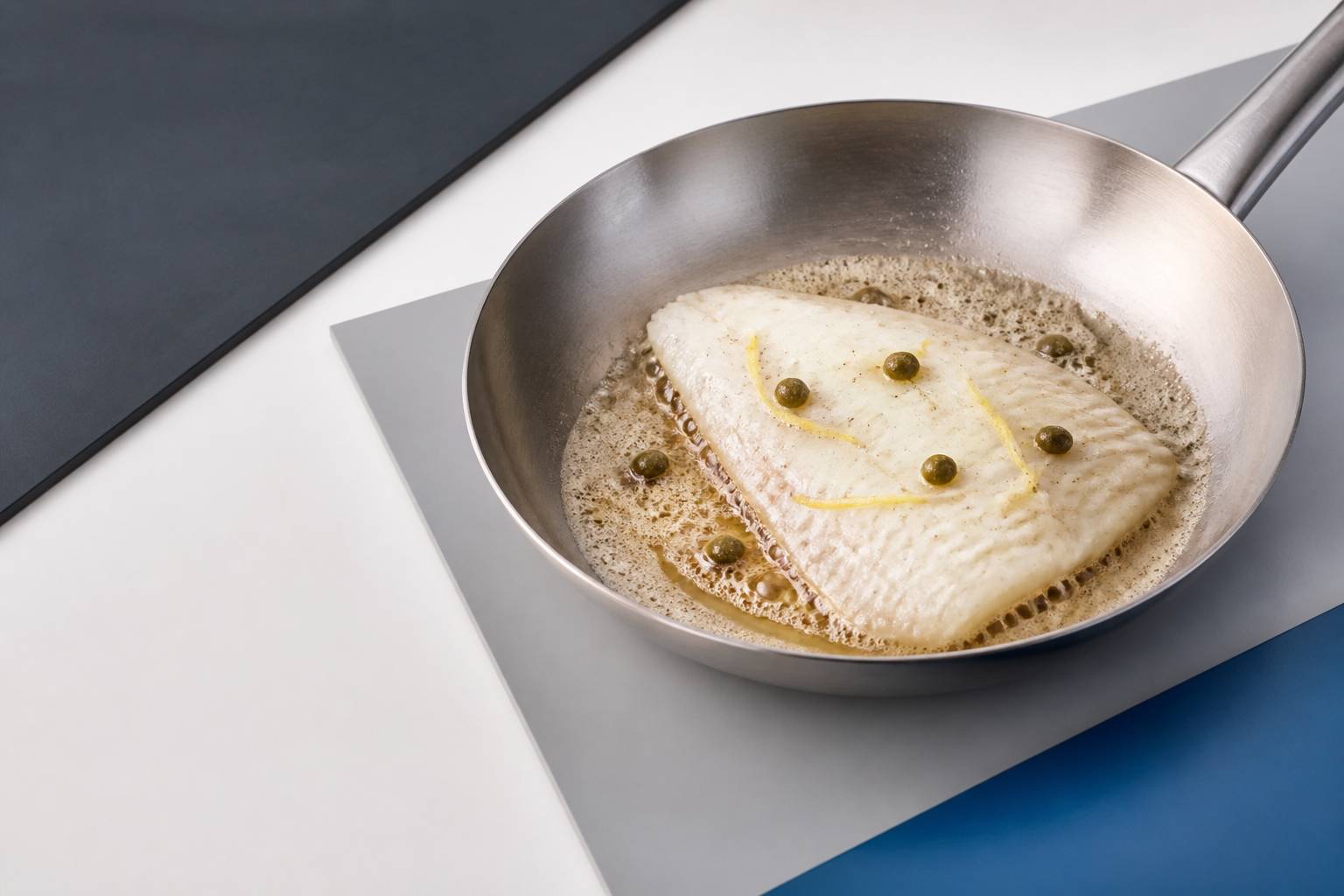 Filet de raie dans une poêle en acier avec beurre noisette moussant, câpres et citron