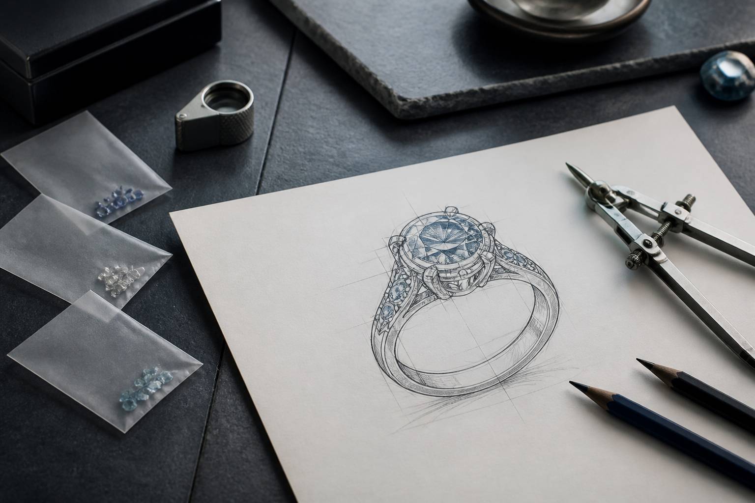 Croquis de dessin de bague posé sur l'établi d'un atelier de joaillerie
