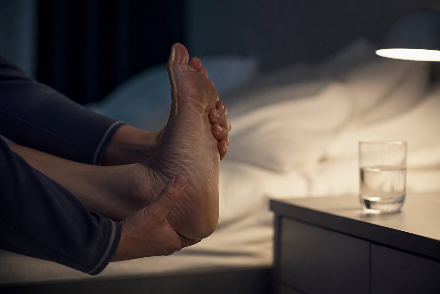 Mains étirant doucement un pied et un verre d'eau sur la table de chevet la nuit