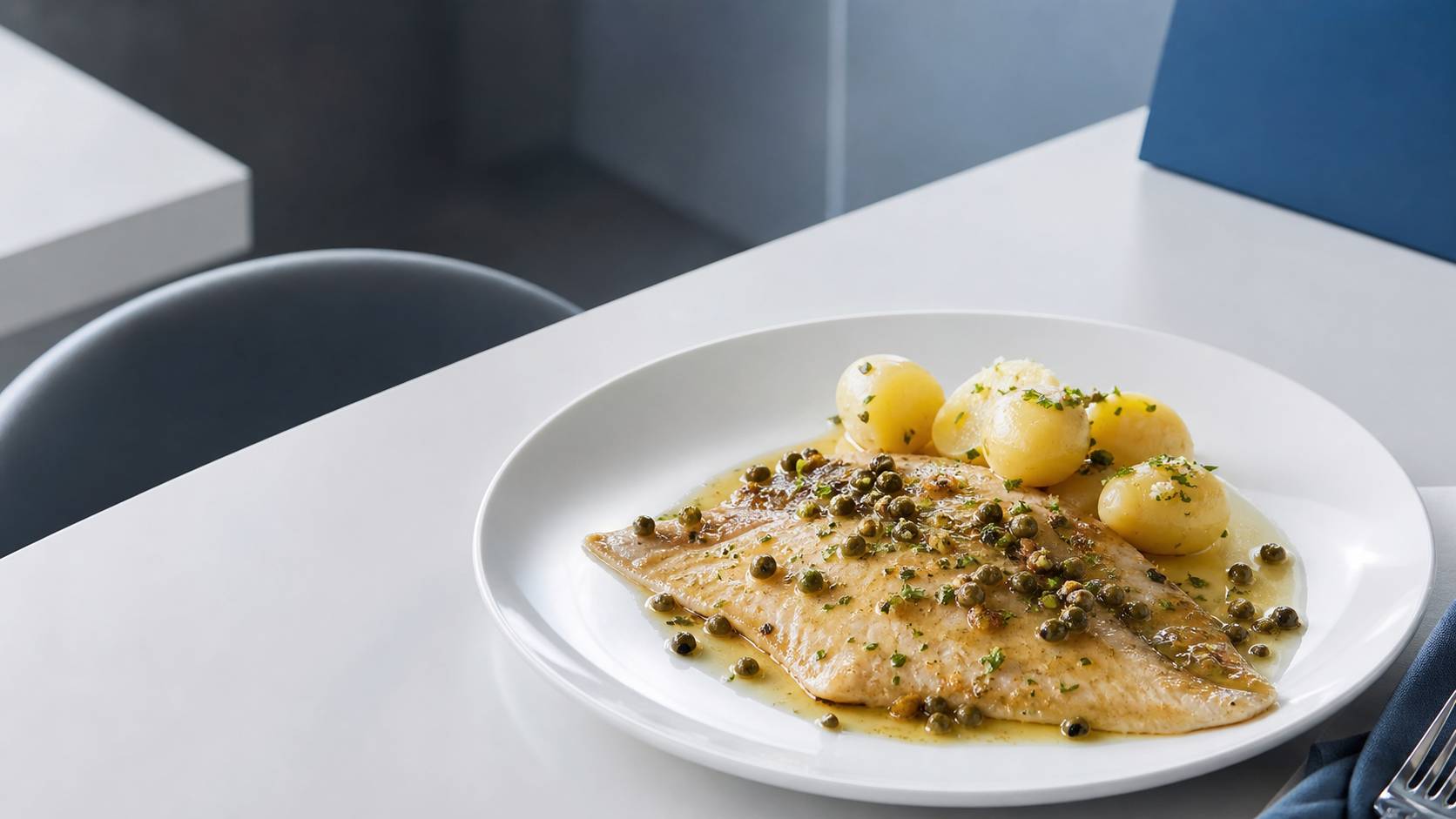 Filet de raie nacré nappé de beurre noisette avec câpres croquantes dans une assiette blanche minimaliste