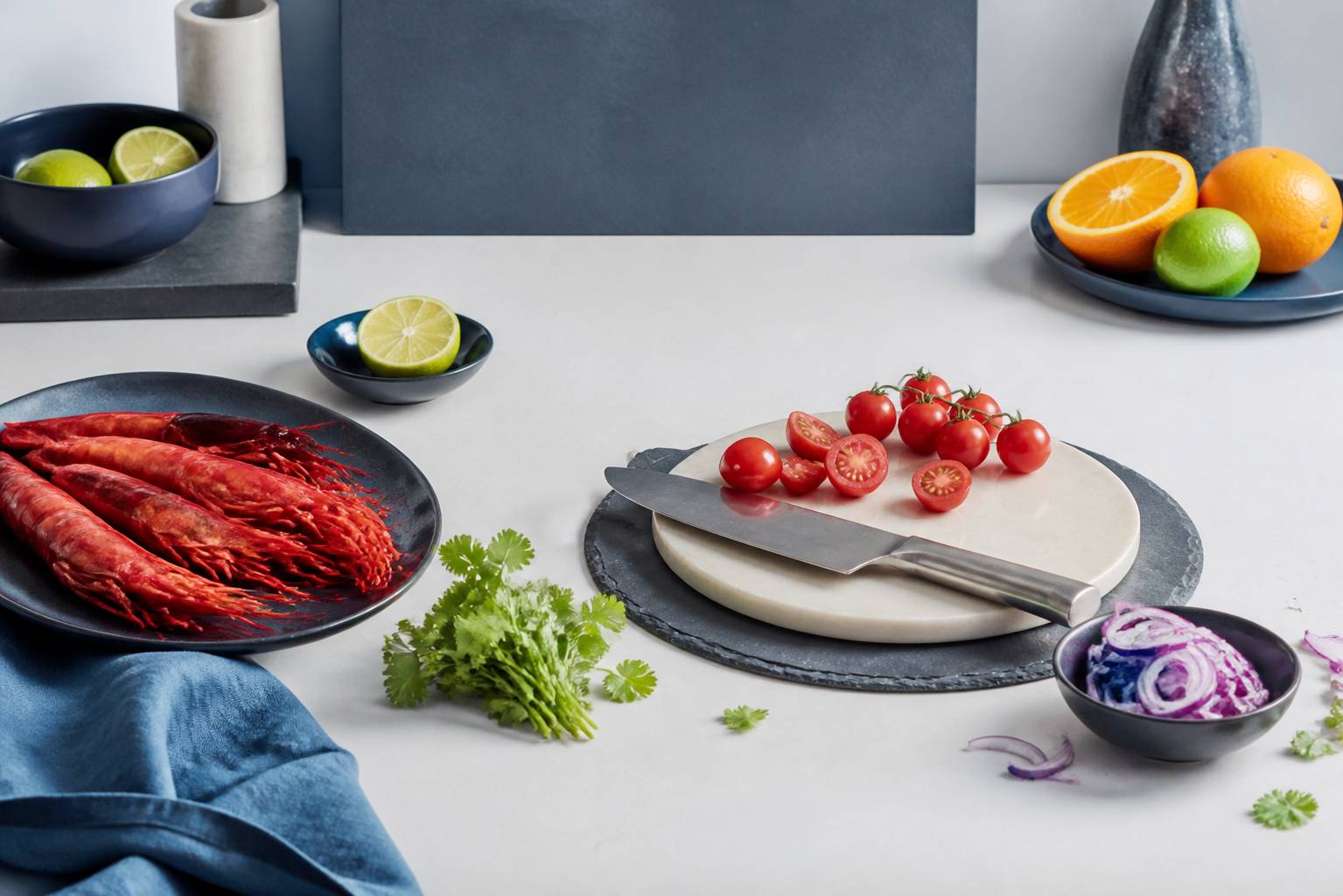 Gambas carabineros crues et ingrédients du pico de gallo sur un plan de travail clair