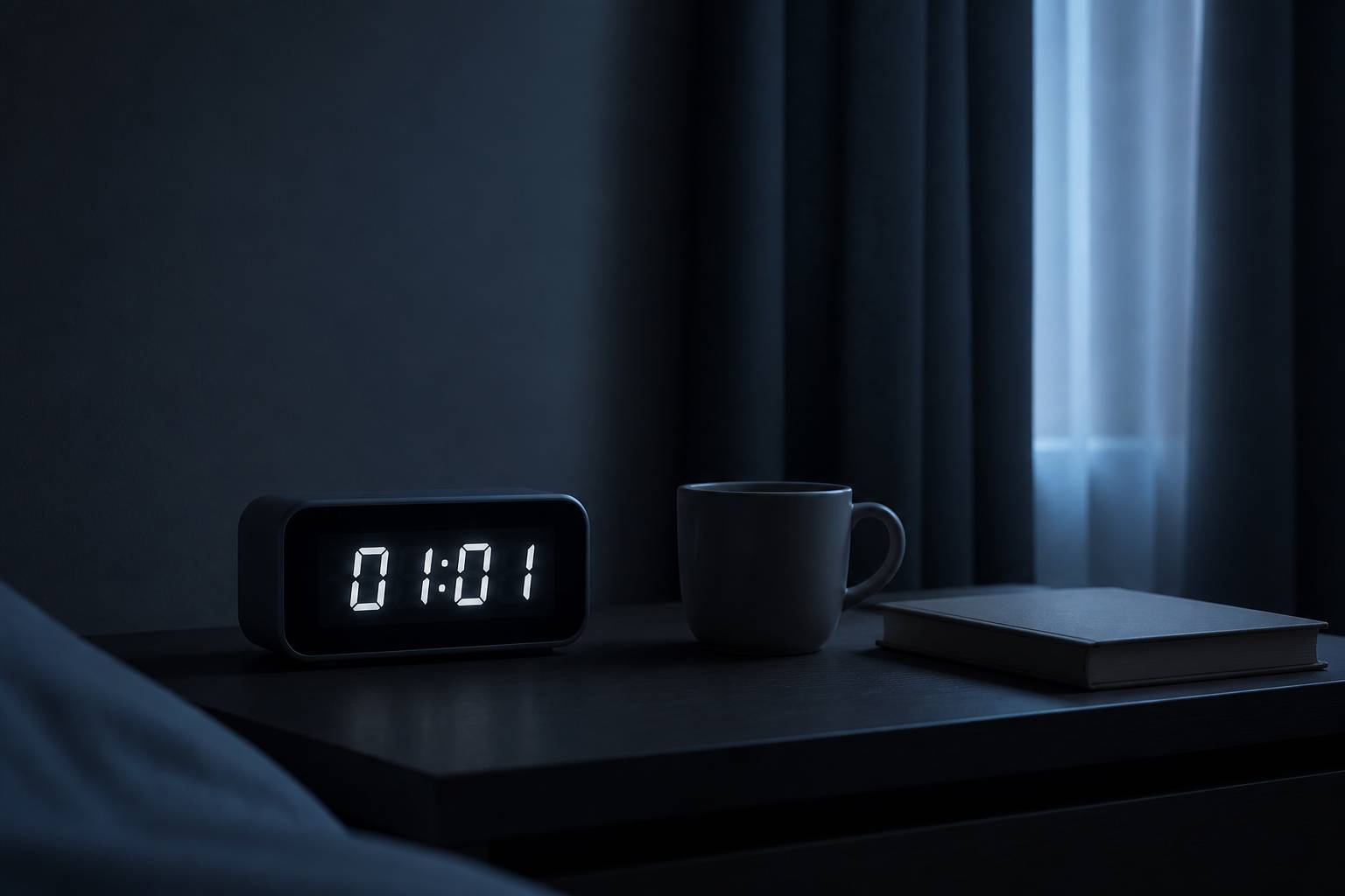 Réveil numérique affichant 01h01 sur une table de nuit dans la pénombre