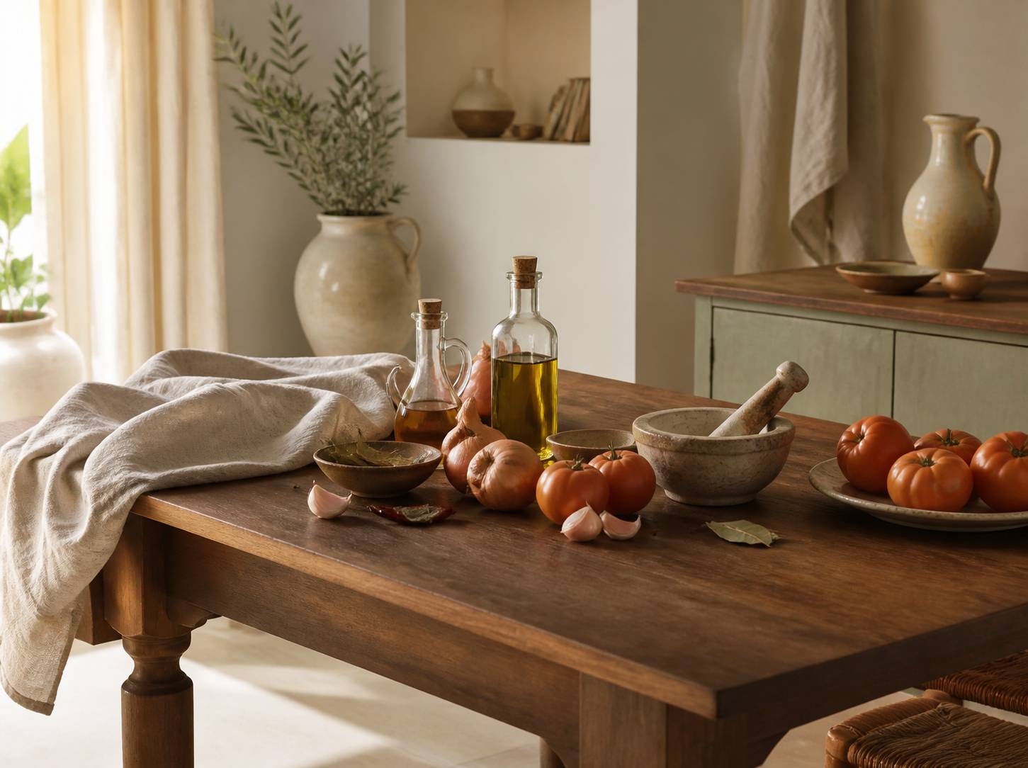 Ingrédients de la sauce escabèche disposés sur une table en bois