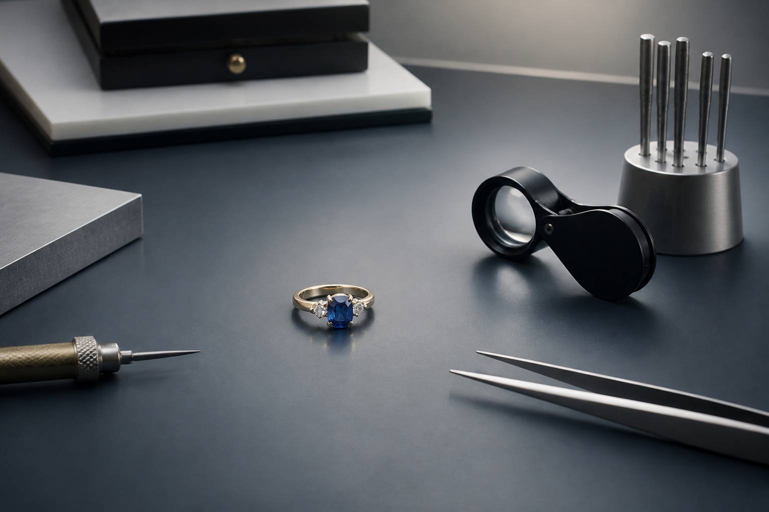 Bague en or avec pierre précieuse sur l'établi d'un artisan joaillier