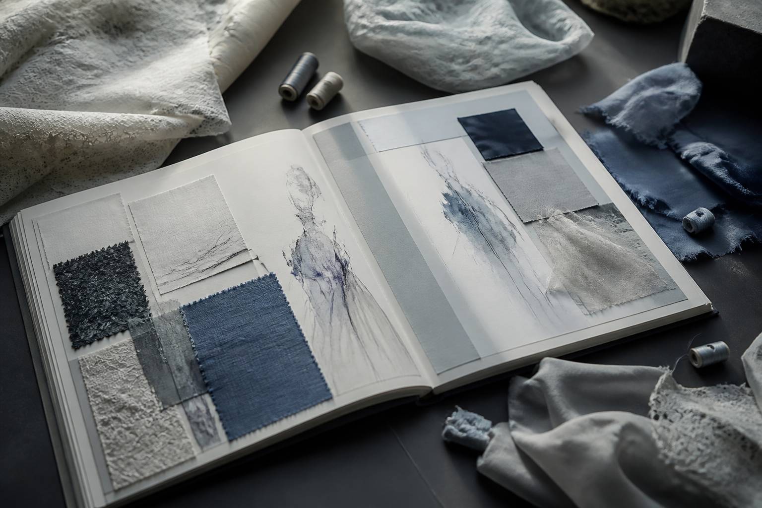Livre de mode ouvert avec des échantillons de tissus et des croquis abstraits
