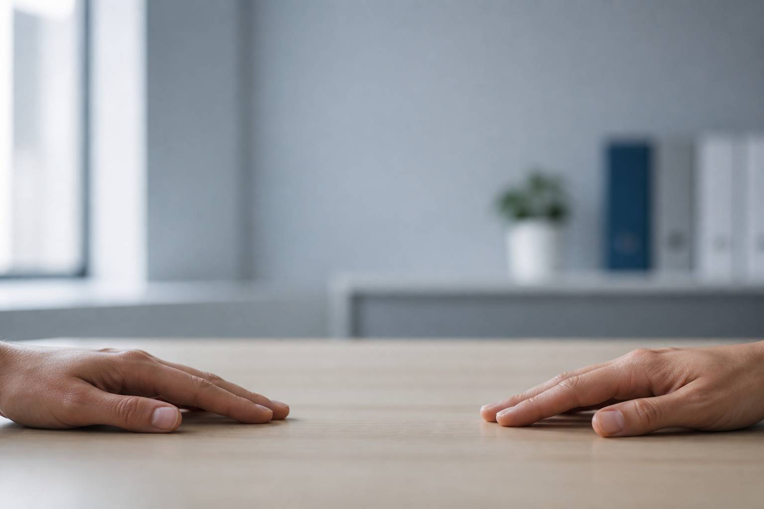 Deux mains qui se détachent doucement l'une de l'autre sur une table, espace entre elles