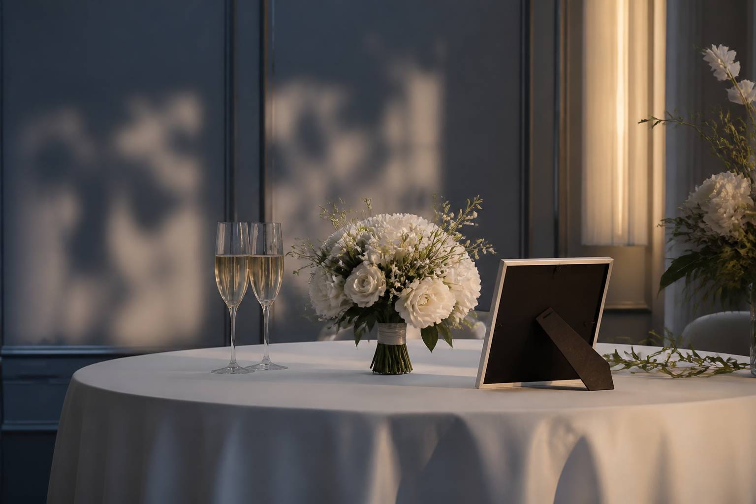 Table de mariage intime avec bouquet blanc et coupes de champagne