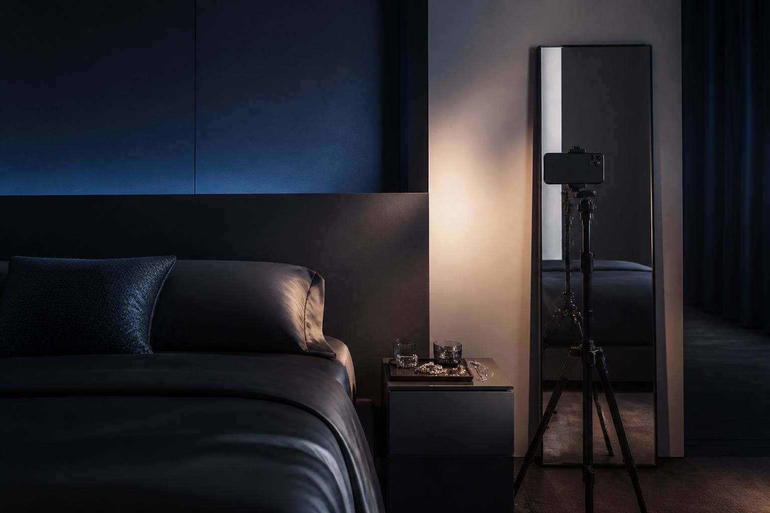 Téléphone sur trépied devant un miroir avec des bijoux en diamants dans une chambre