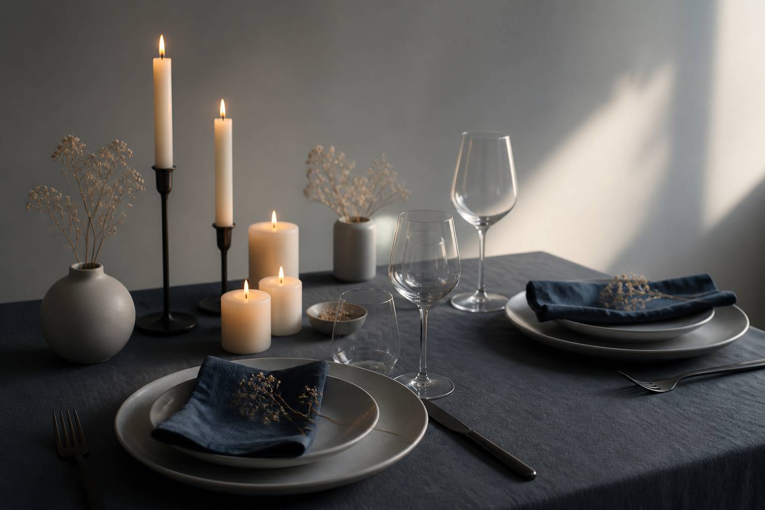 Table intime dressée avec bougies et verres pour un dîner à deux