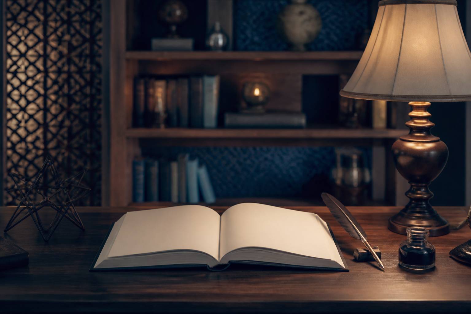 Livre ouvert aux pages ornées de motifs calligraphiques abstraits sur une table en bois chaleureuse