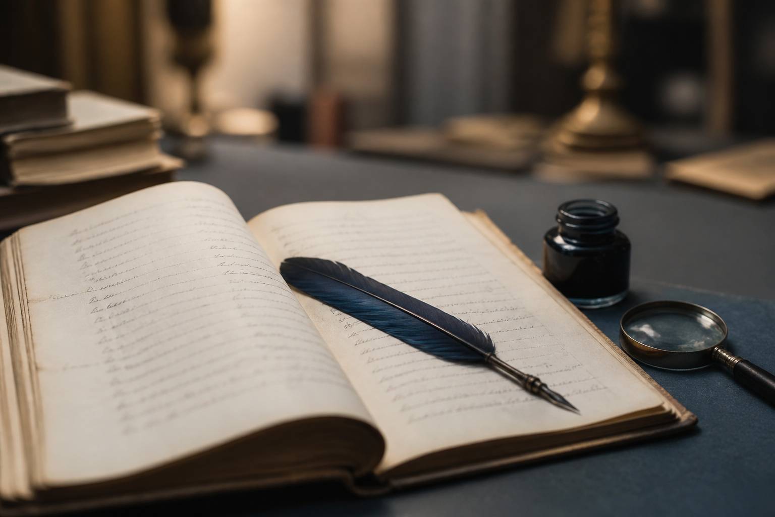 Pages manuscrites d'un registre ancien avec une plume