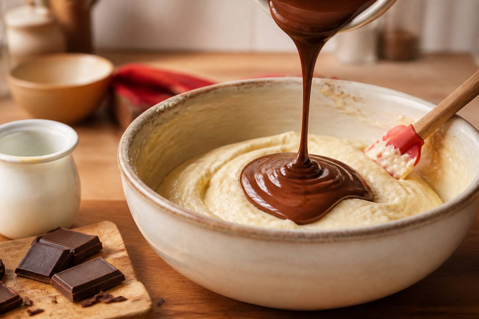 Pâte à gâteau au yaourt avec chocolat fondu dans un saladier