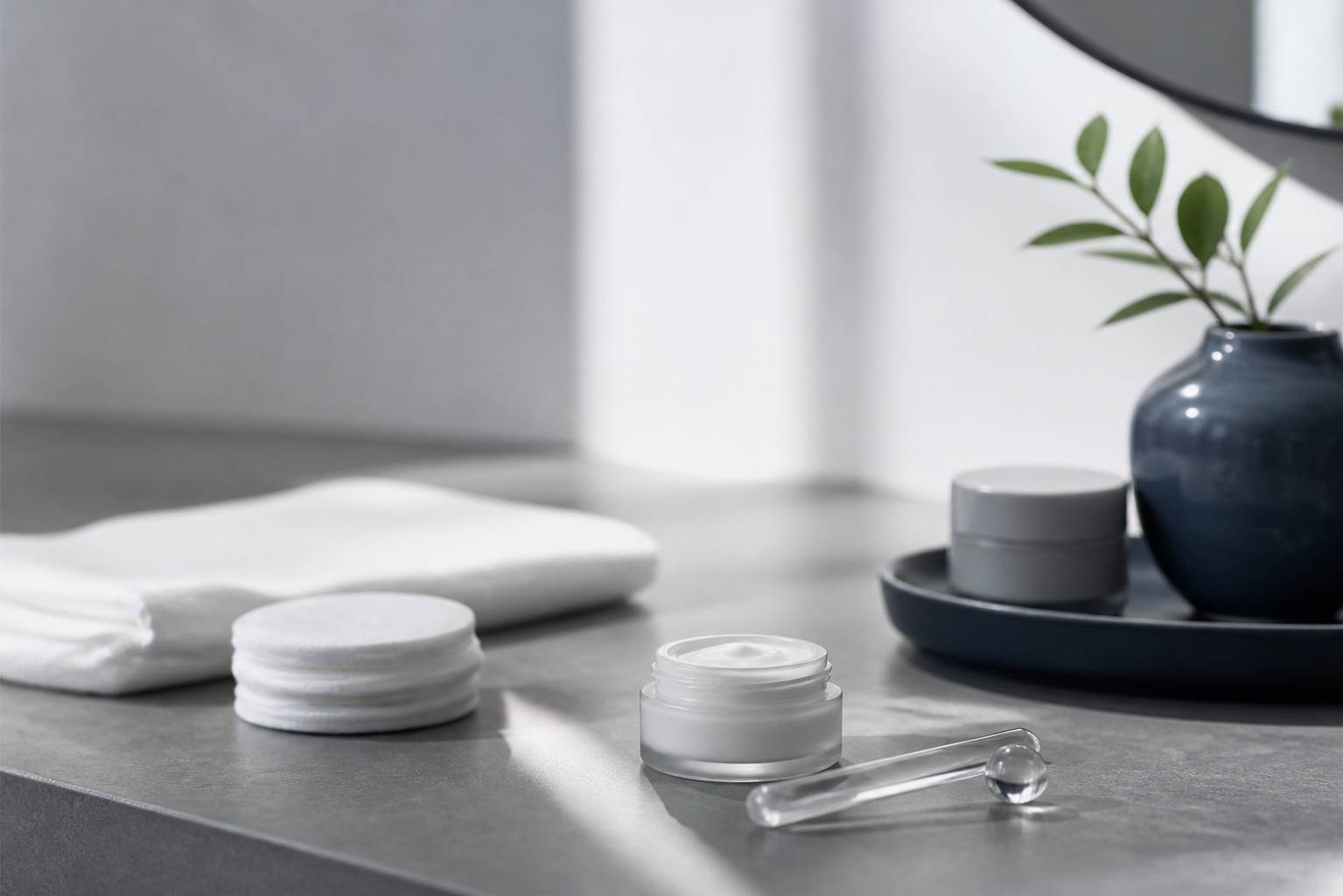 Pot de crème contour des yeux avec applicateur et cotons sur une surface claire et épurée