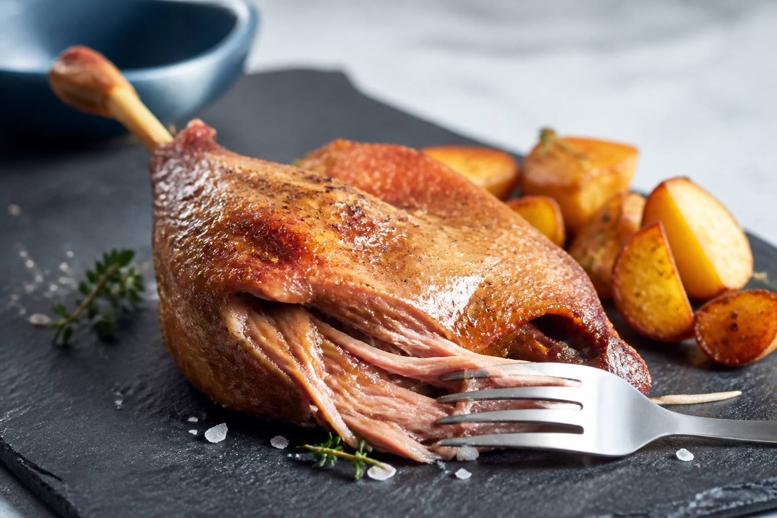 Cuisse de canard confite à la peau croustillante avec pommes de terre