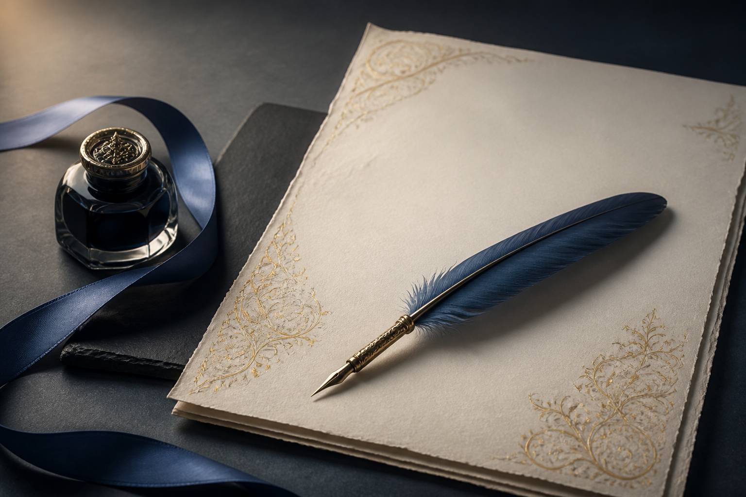 Plume calligraphiée et arabesques dorées sur parchemin évoquant un prénom
