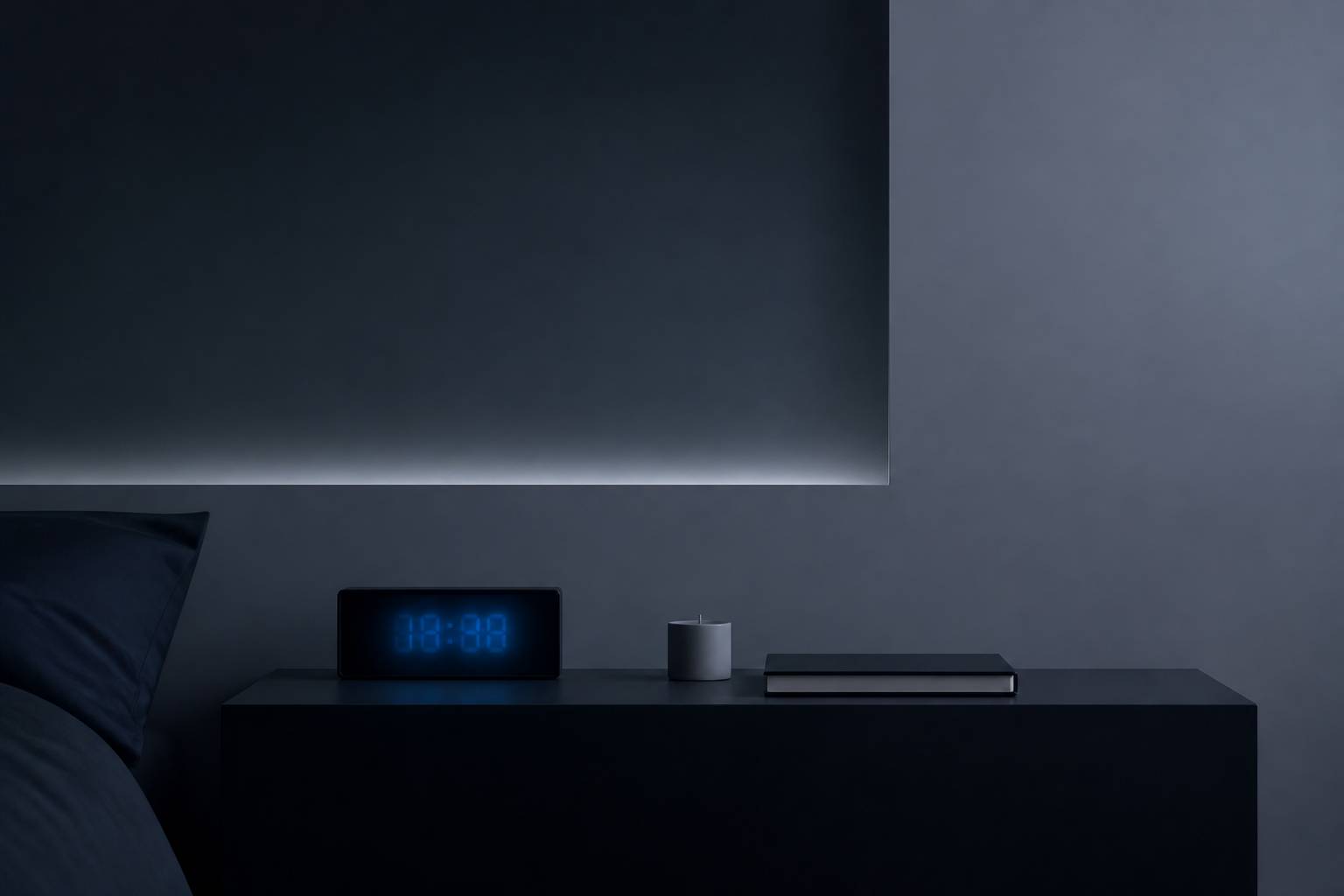 Table de nuit épurée avec réveil digital et carnet dans la pénombre