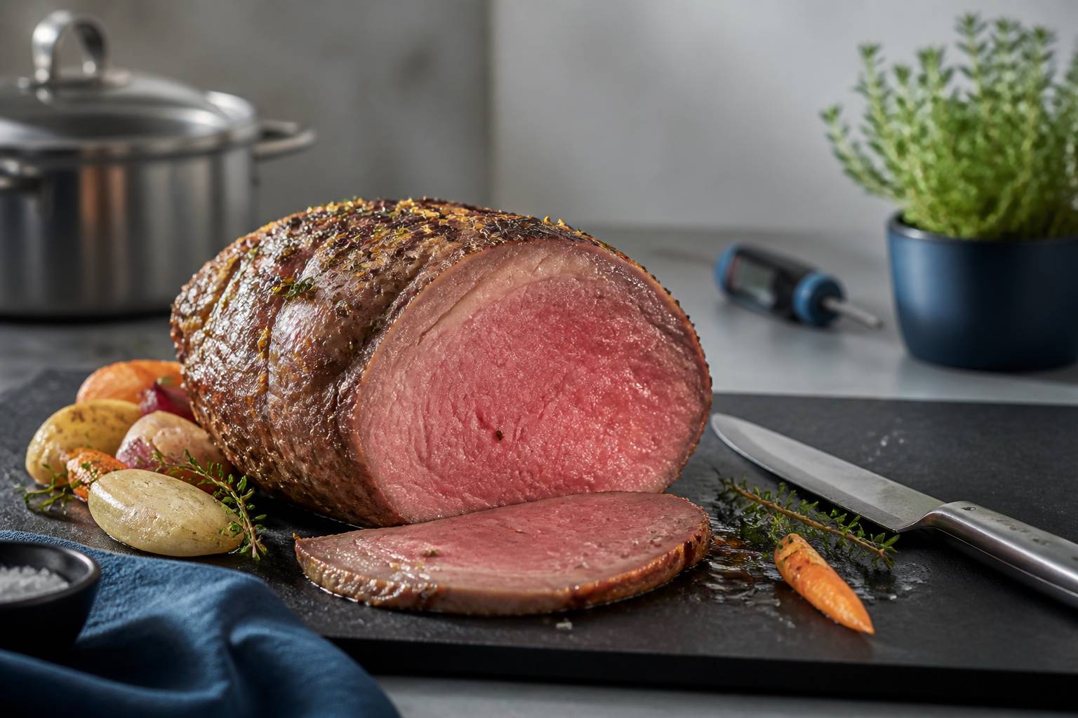 Tranche de rôti de veau rosée et juteuse avec brins de thym