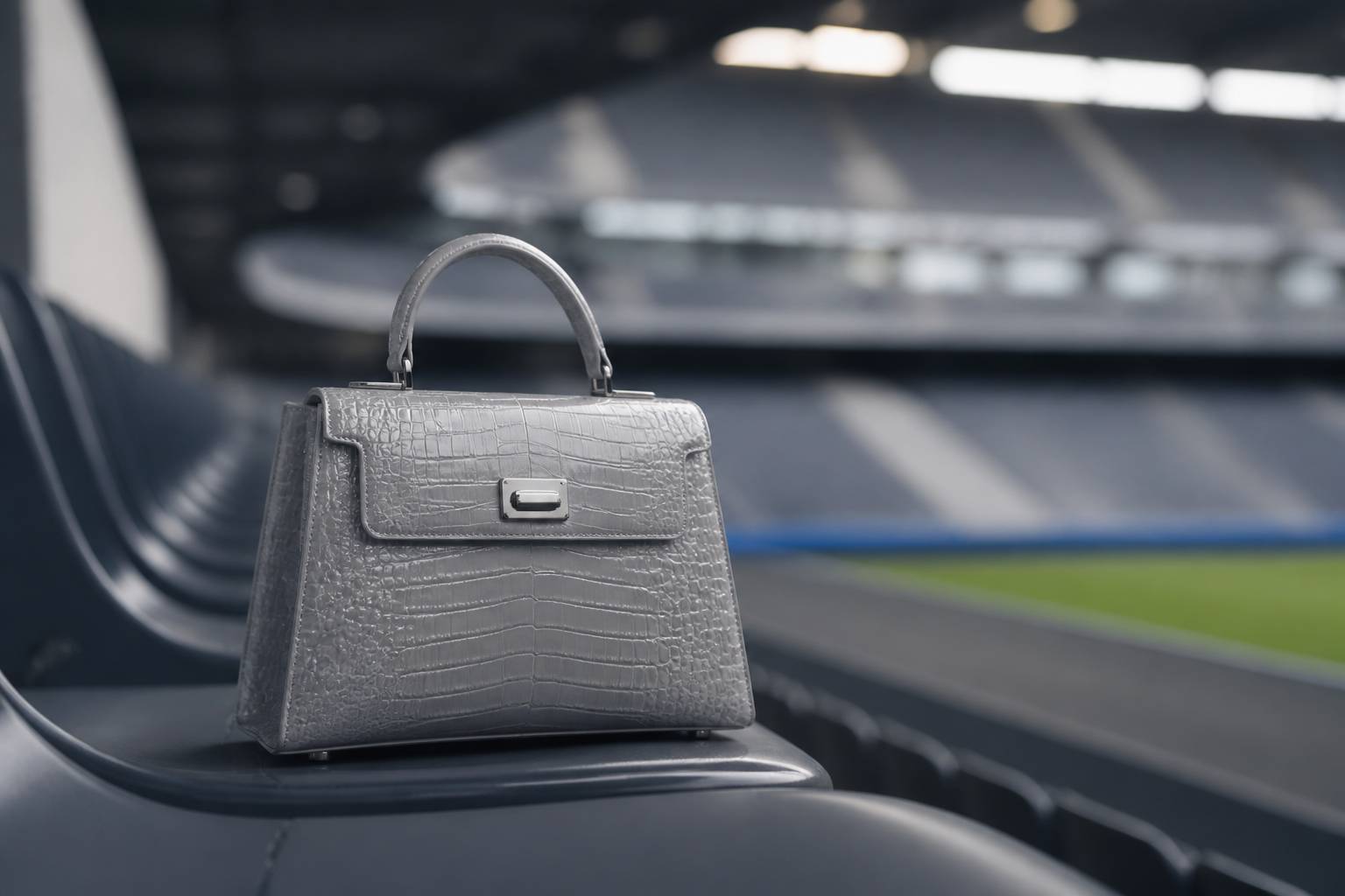 Sac à main en cuir de crocodile gris posé sur un siège de tribune de stade
