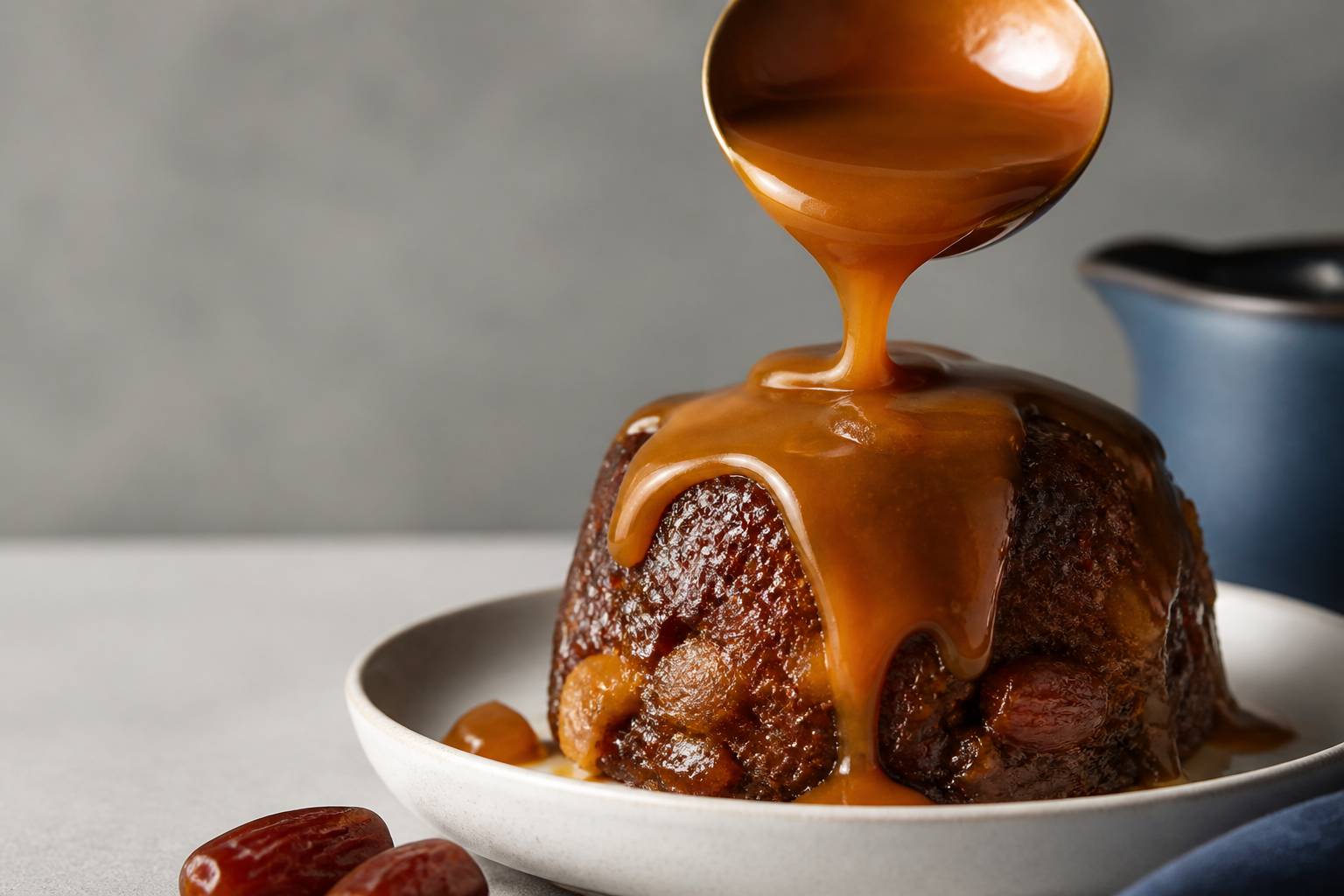 Sauce caramel collante versée à la louche sur un pudding aux dattes