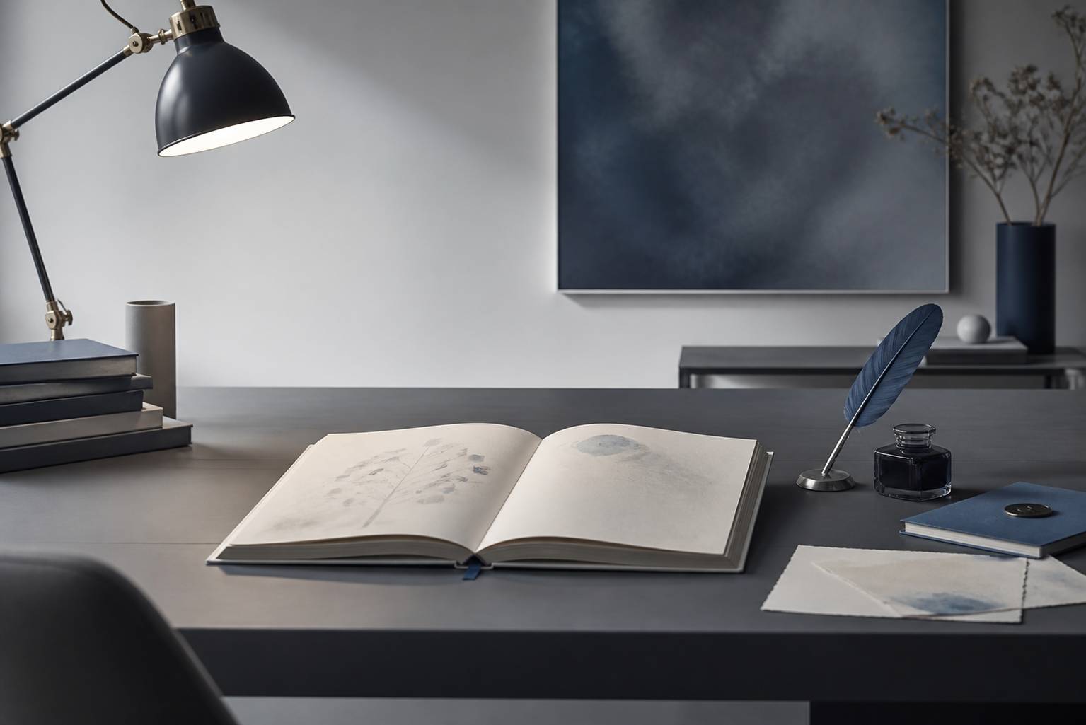 Livre ouvert de généalogie avec plume calligraphiée et encrier