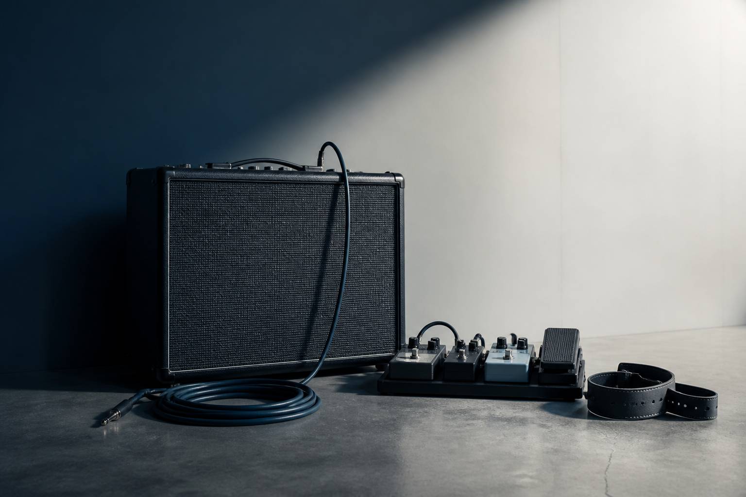 Ampli de guitare et pédalier sur sol en béton brut, ambiance studio rock