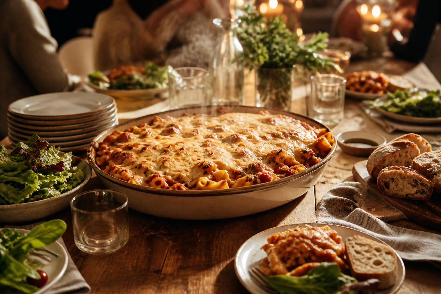 Grande table conviviale avec un plat unique à partager