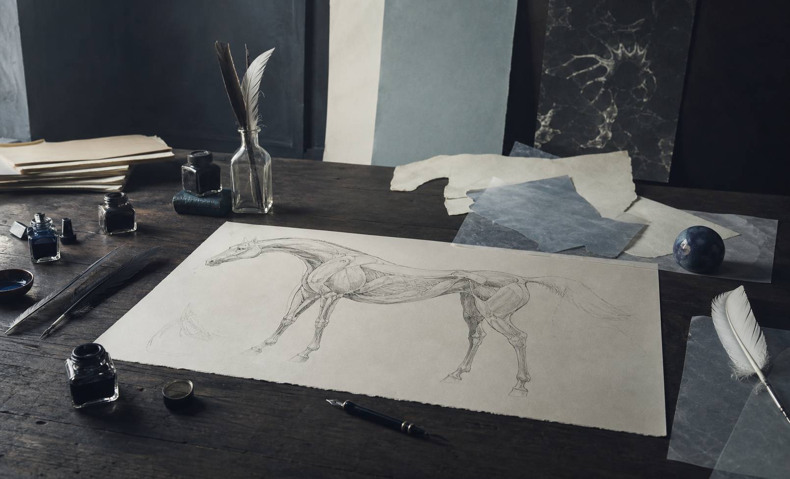 Planche anatomique ancienne de cheval sur l'établi d'un atelier