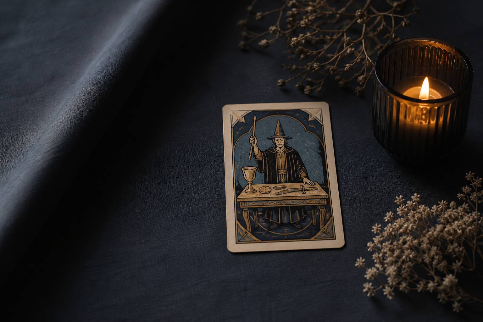Carte de tarot générique illustrée d'un magicien stylisé sur une table sombre