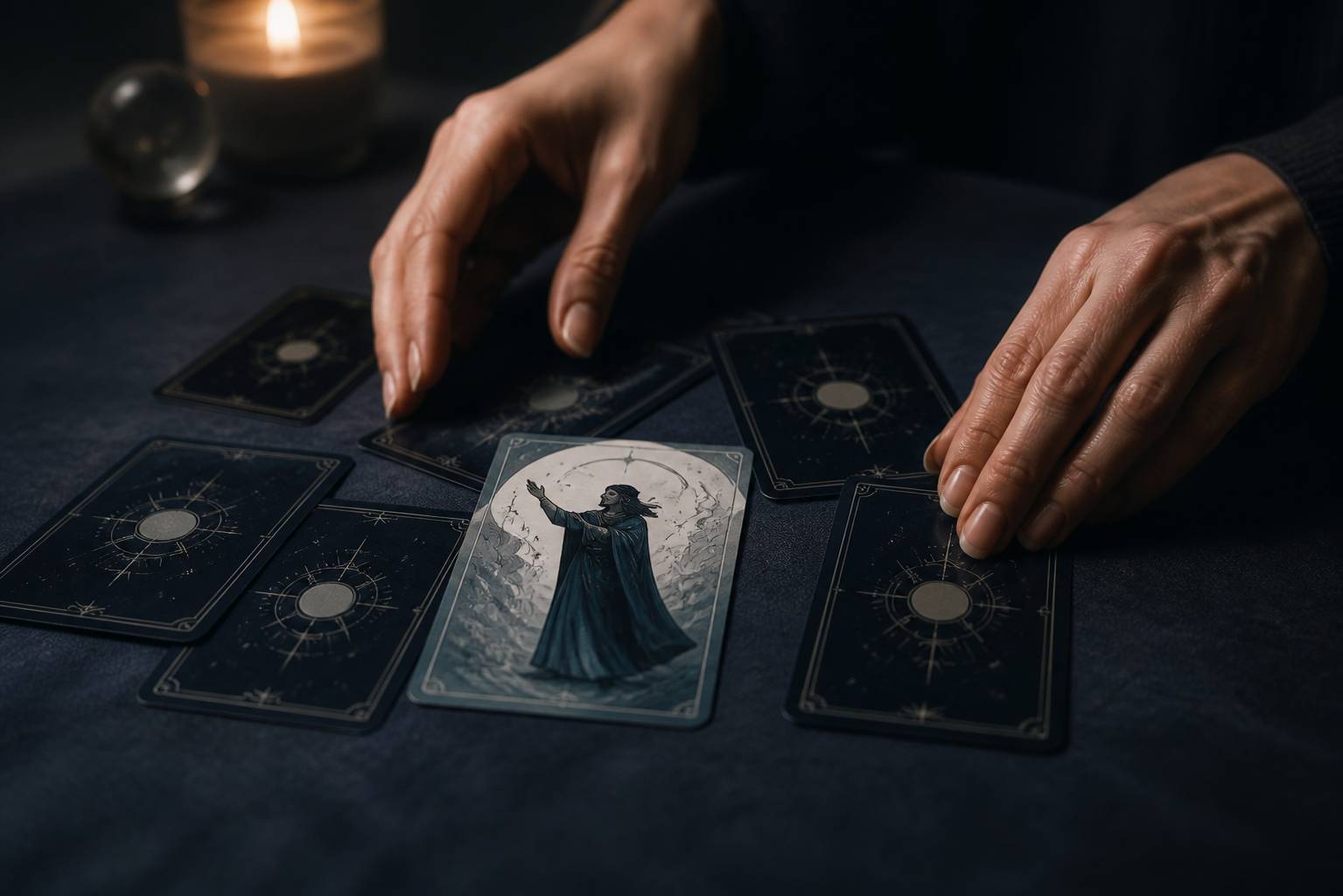 Mains écartant des cartes de tarot génériques sur un tissu près d'une bougie