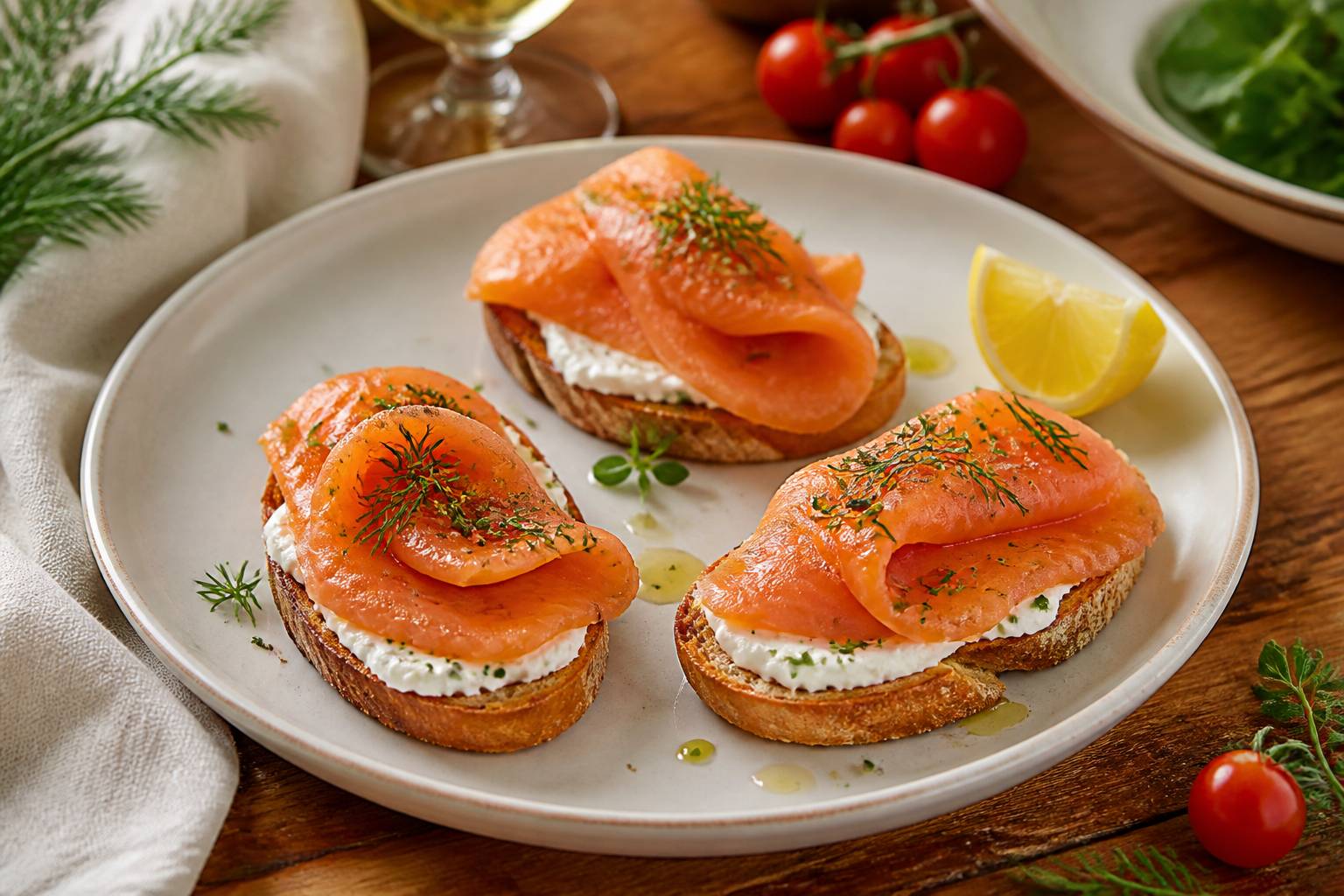 Toasts de saumon au fromage frais garnis d'herbes