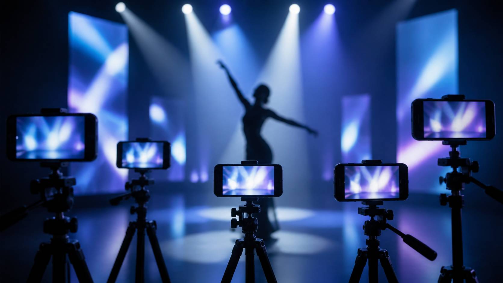 Silhouette de danseur sous projecteurs sur une scène de live-stream