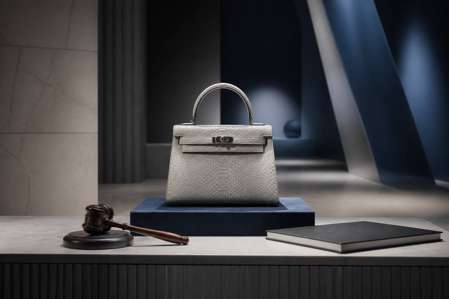Sac en cuir exotique gris perle présenté sur un socle de vente aux enchères