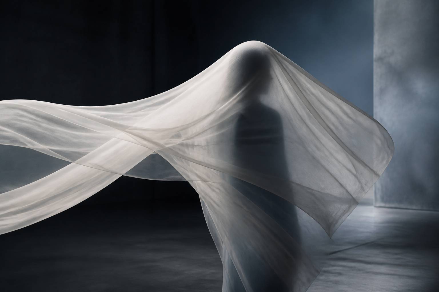 Voile translucide éclairé avec une silhouette floue derrière