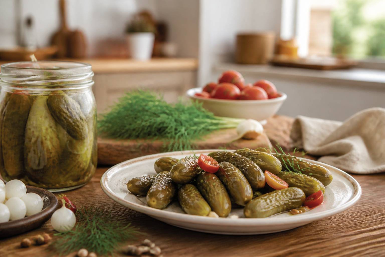 Assiette de cornichons avec aneth et bocal ouvert