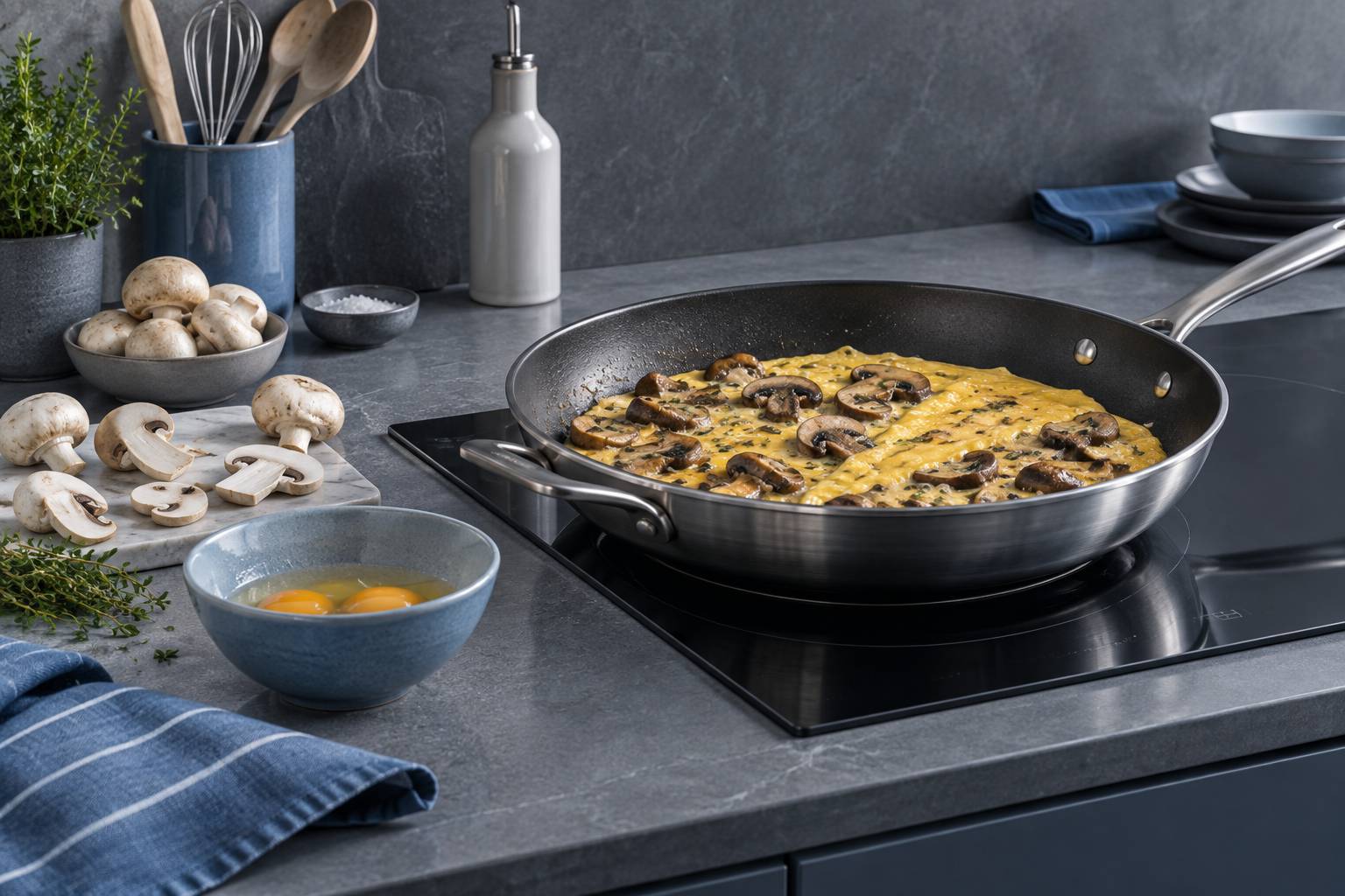 Illustration éditoriale du sujet : Délicieuse omelette savoureuse aux champignons de Paris frais