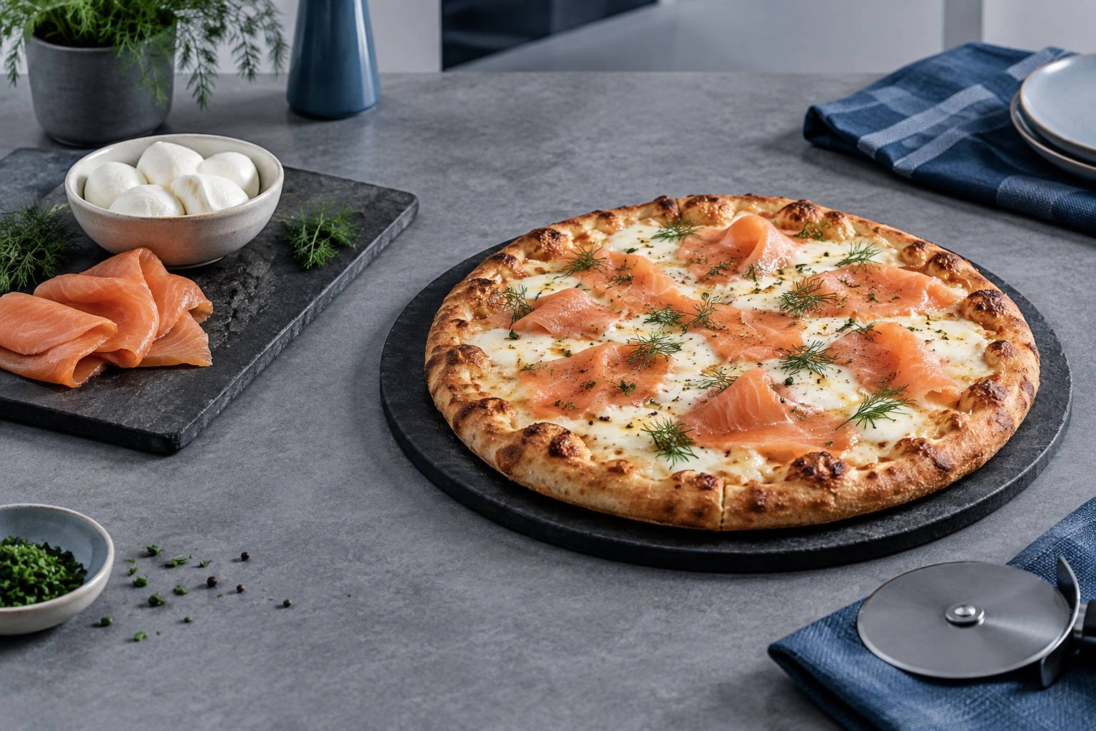 Illustration éditoriale du sujet : Délicieuse pizza gourmande au saumon fumé et mozzarella fondante