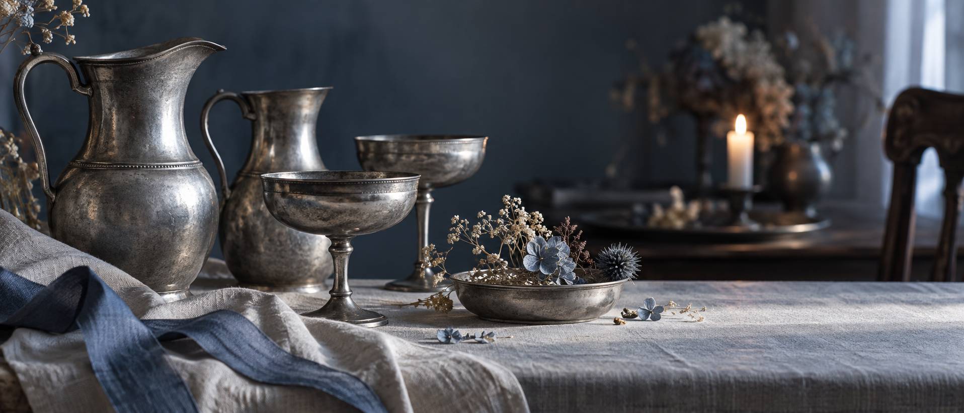 Détail de pichets en étain patiné sur une table de fête