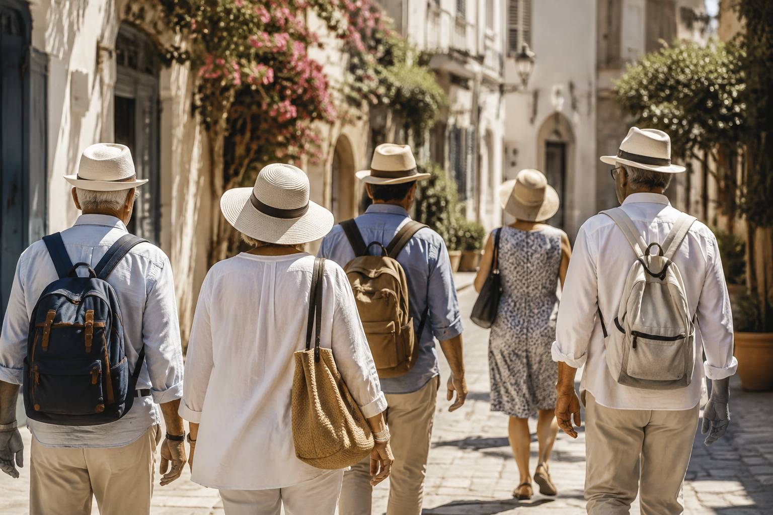 Petit groupe de seniors vu de dos visitant une rue pittoresque ensoleillée