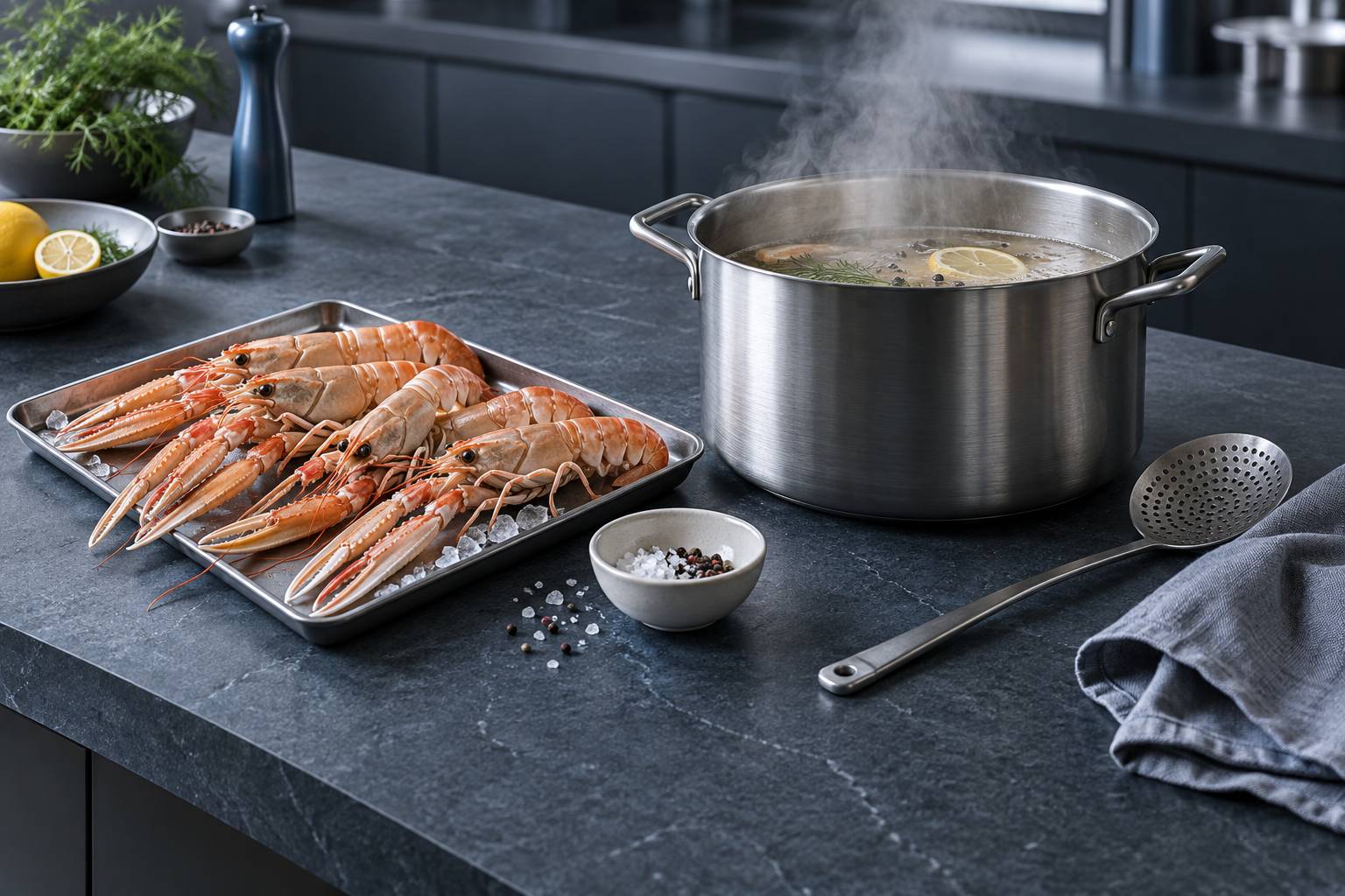 Illustration éditoriale du sujet : Les secrets pour une cuisson parfaite des langoustines