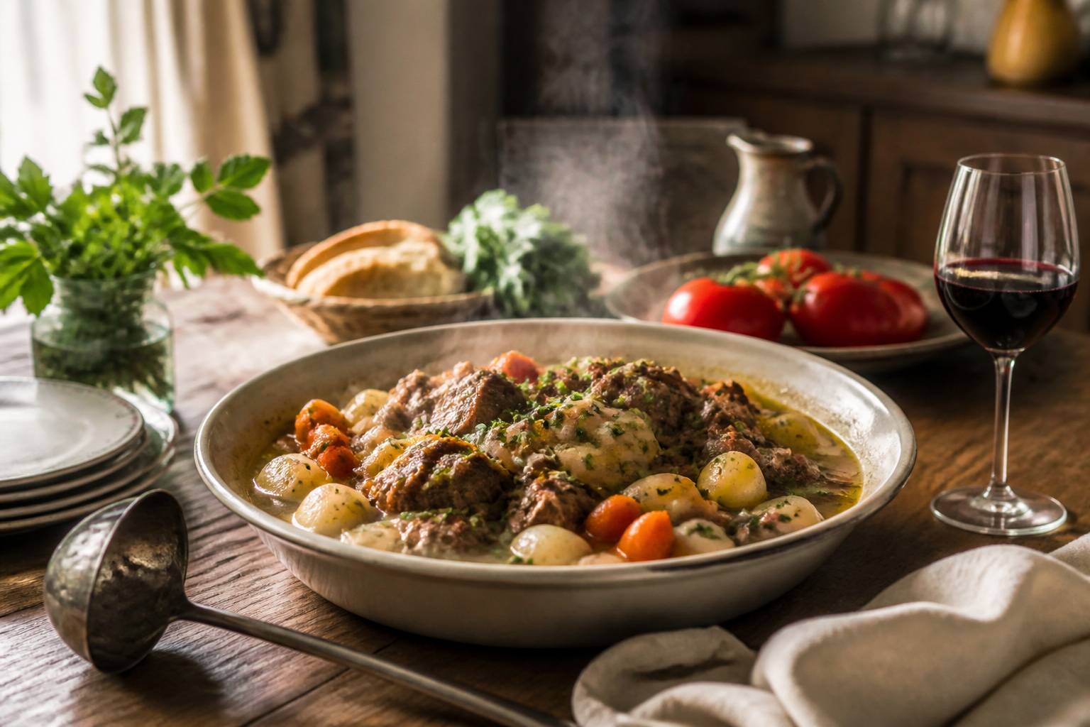 Plat de navarin d'agneau fumant avec légumes racines et louche
