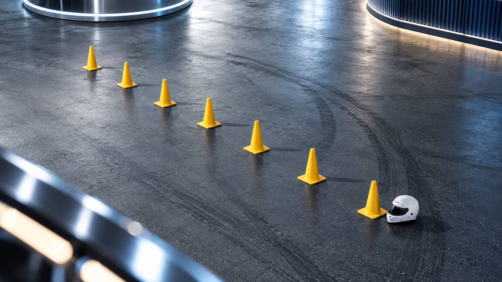 Cones de slalom alignes sur un asphalte propre avec un casque pose au sol