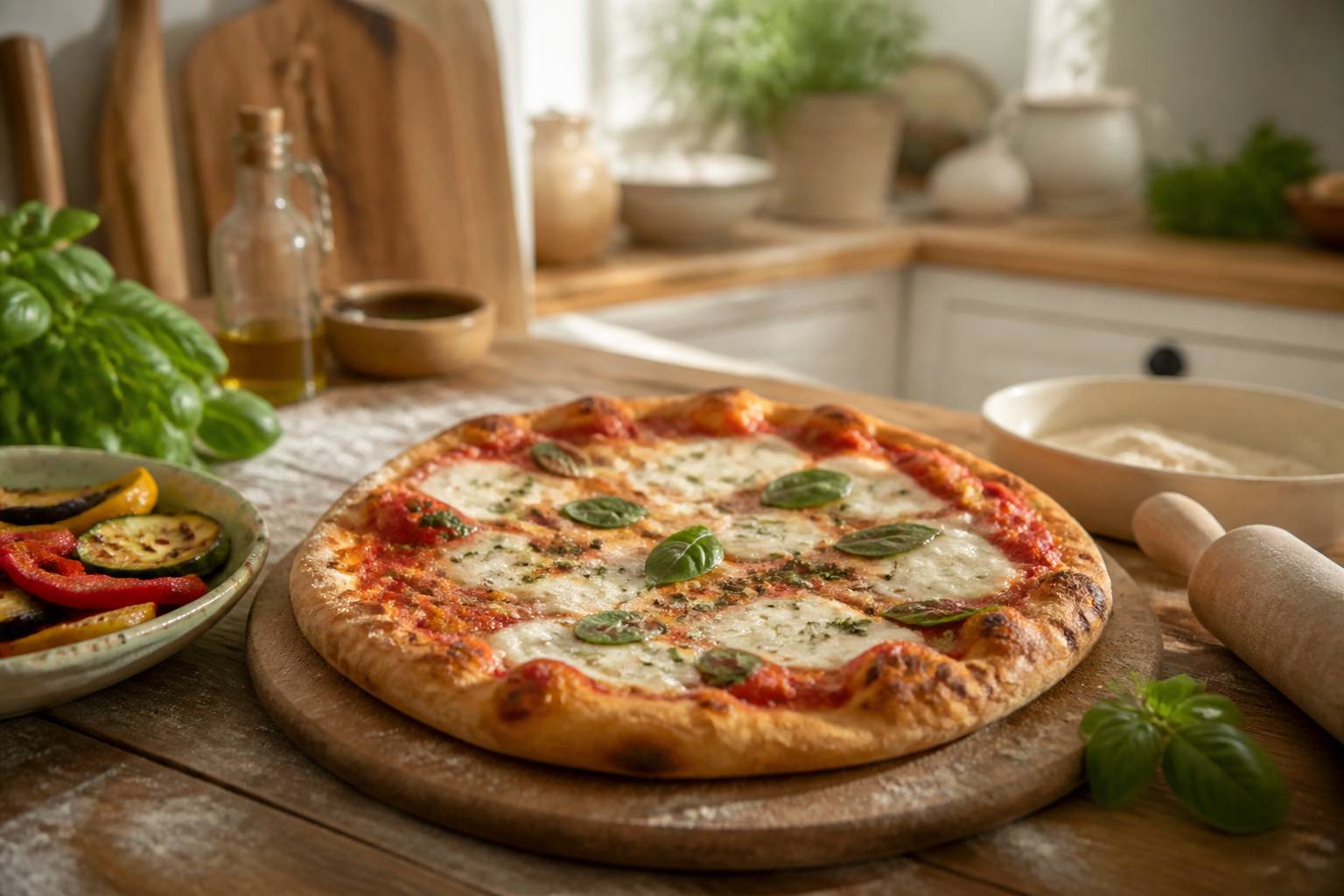 Pizza aux légumes sur planche avec rouleau à pâtisserie