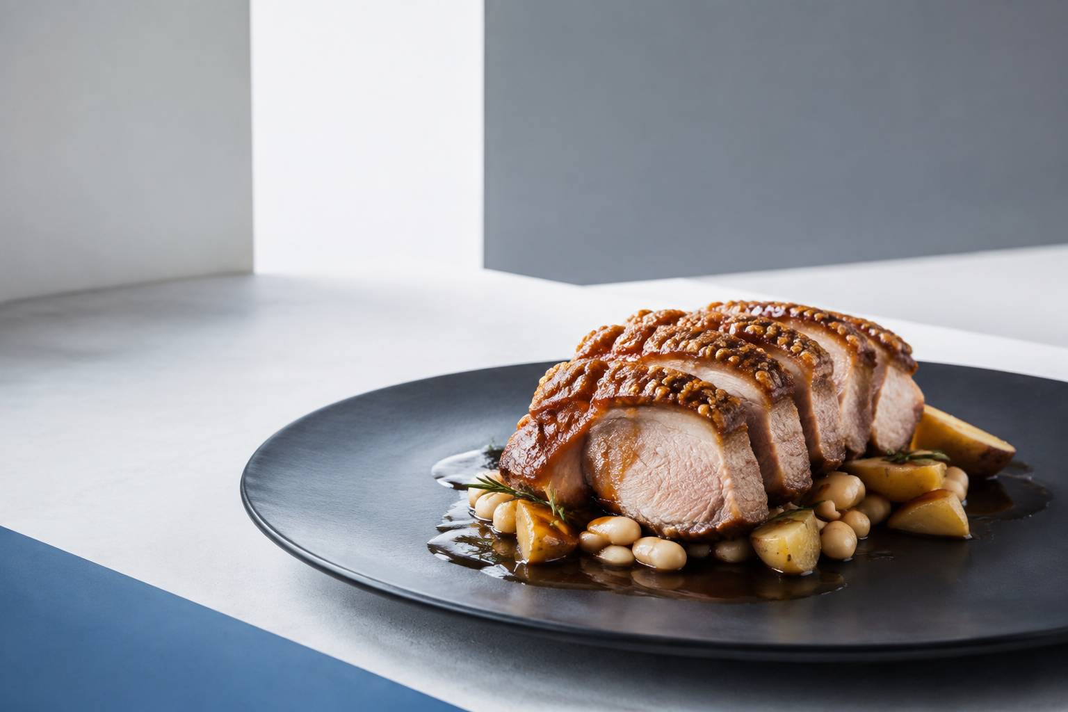 Poitrine de porc braisée tranchée à la couenne croustillante avec haricots blancs
