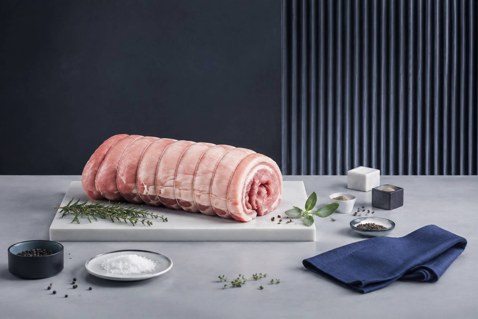 Poitrine de porc roulée et ficelée prête pour la cuisson